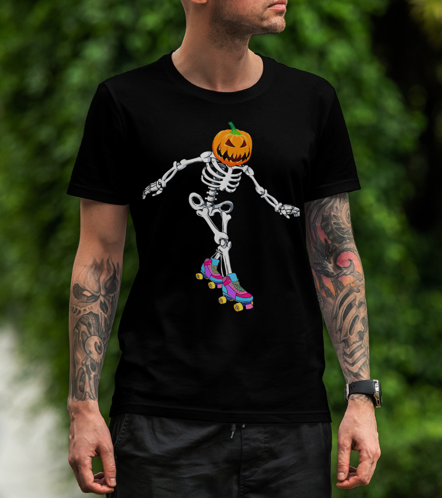 Halloween Skeleton Pumpkin Head Roller Skater T-Shirt