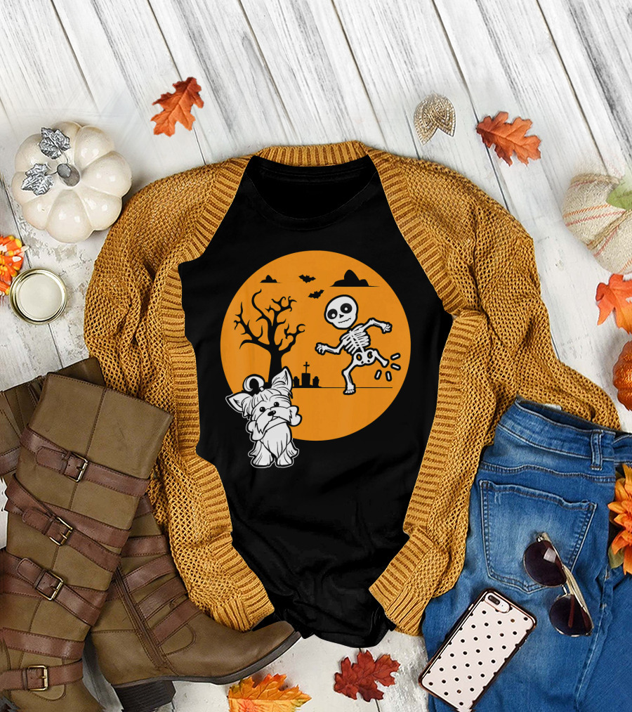 Yorkshire Terrier Halloween Costume Skeleton Dance Moon Bat Graveyard T-Shirt