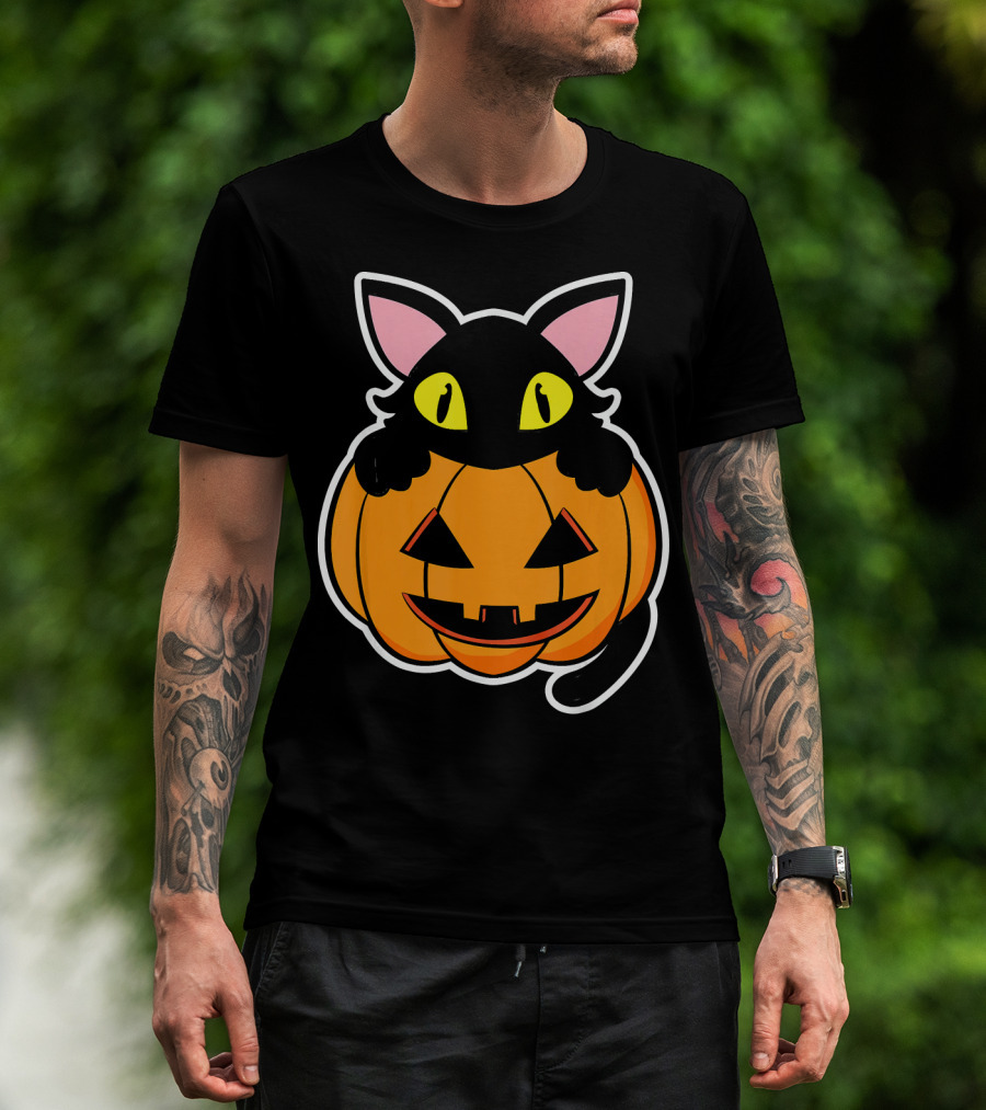 Black Cat Peeking Over Pumpkin Funny Scary Happy Halloween T-Shirt