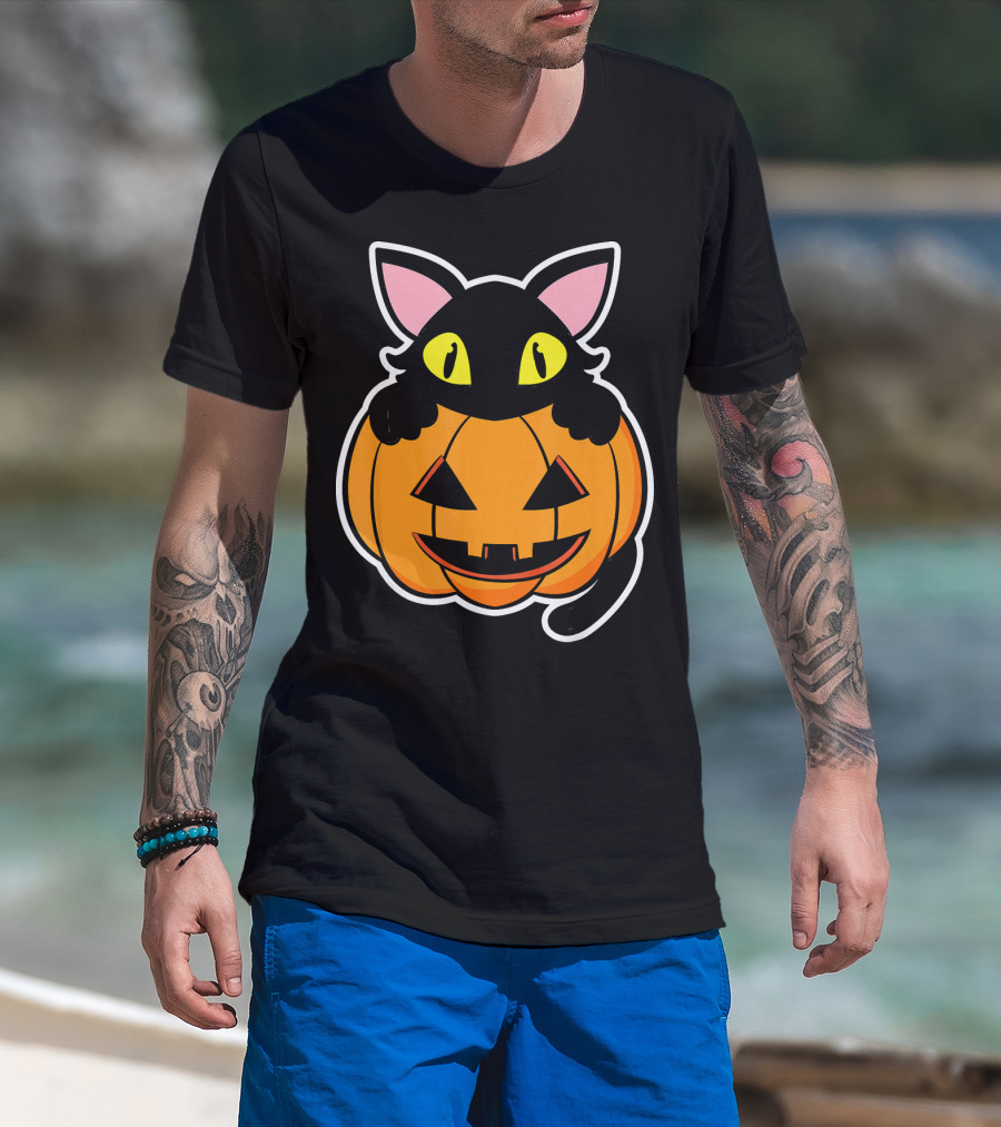 Black Cat Peeking Over Pumpkin Funny Scary Happy Halloween T-Shirt