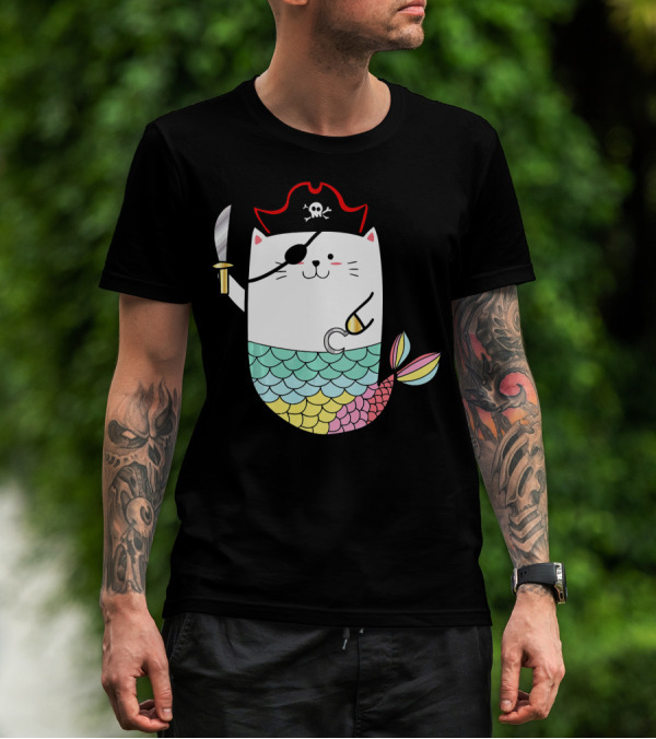 Halloween Mermaid Pirate Cat With Eye Patch And Sword T-Shirt