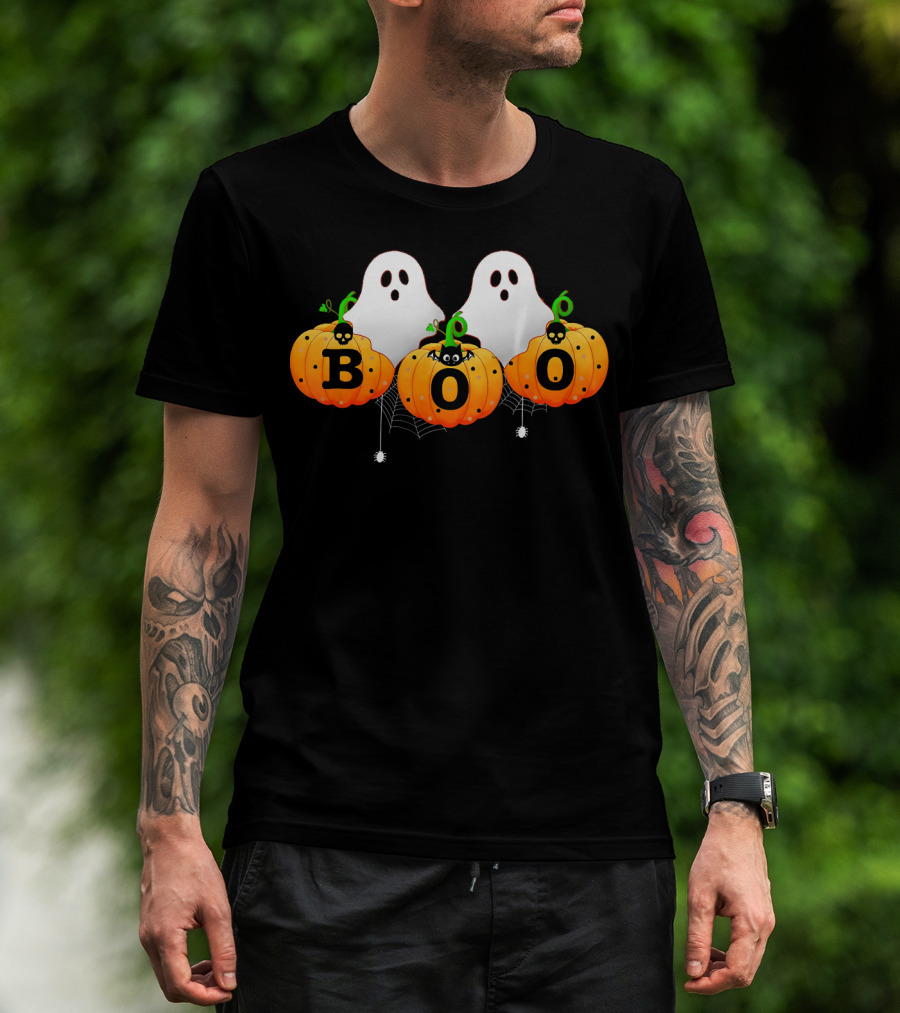 Boo Halloween Ghosts With Spiders And Pumpkins T-Shirt