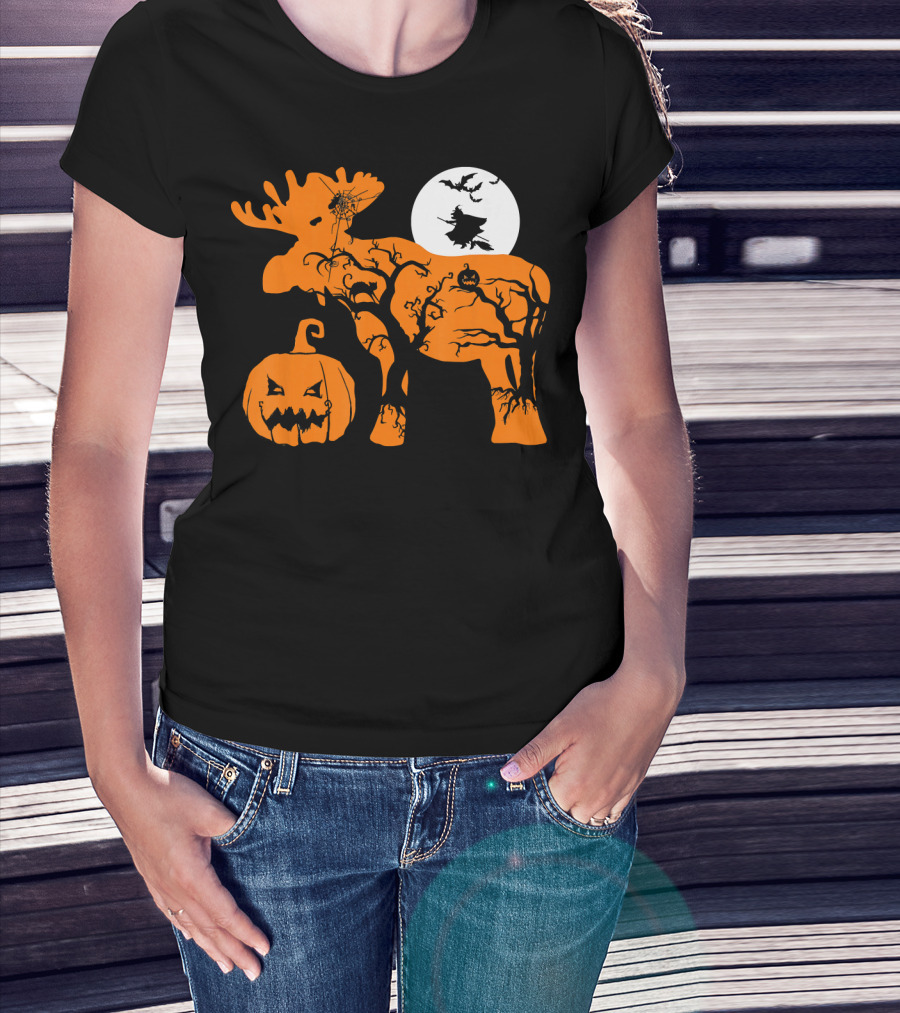 Witch Bat Moon Pumpkin Moose With Spider Web T-Shirt