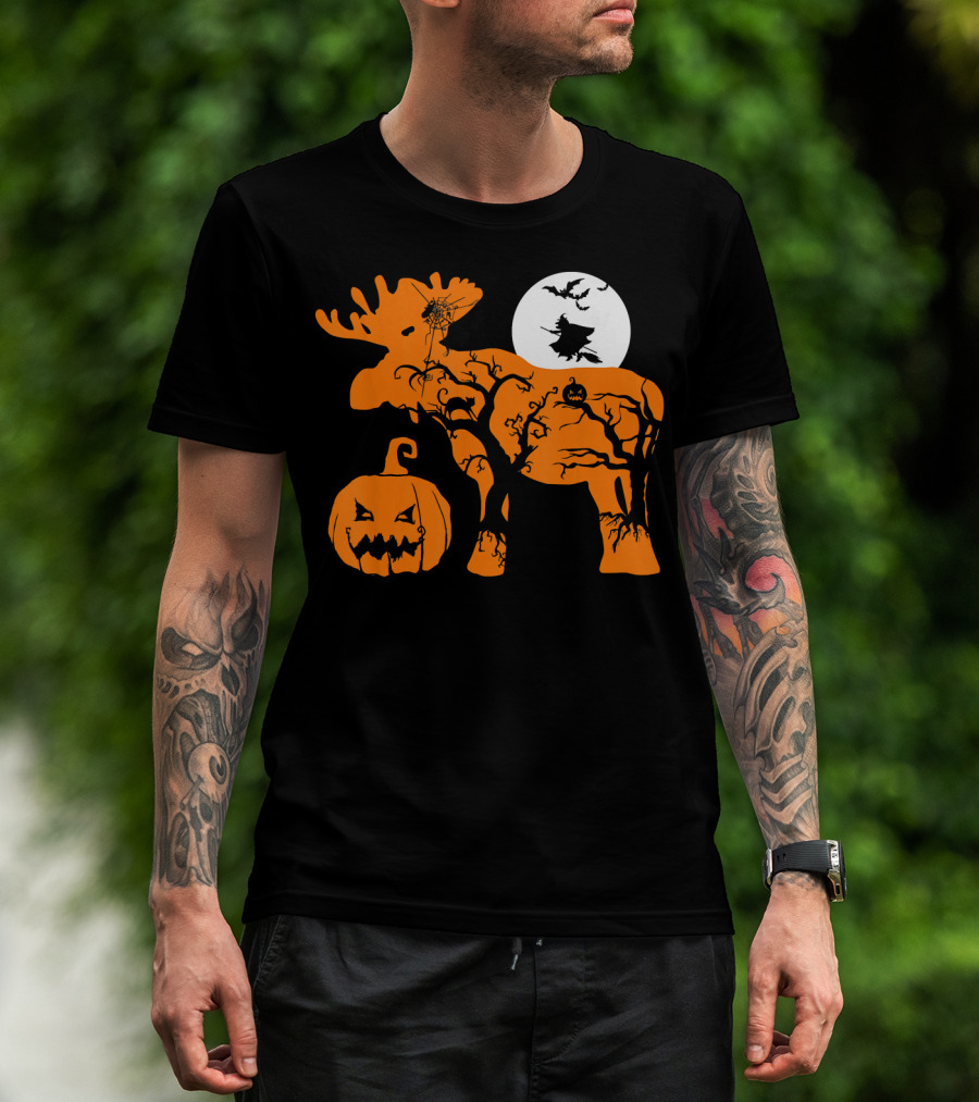Witch Bat Moon Pumpkin Moose With Spider Web T-Shirt