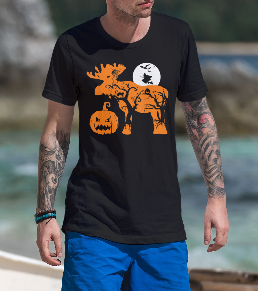 Witch Bat Moon Pumpkin Moose With Spider Web T-Shirt