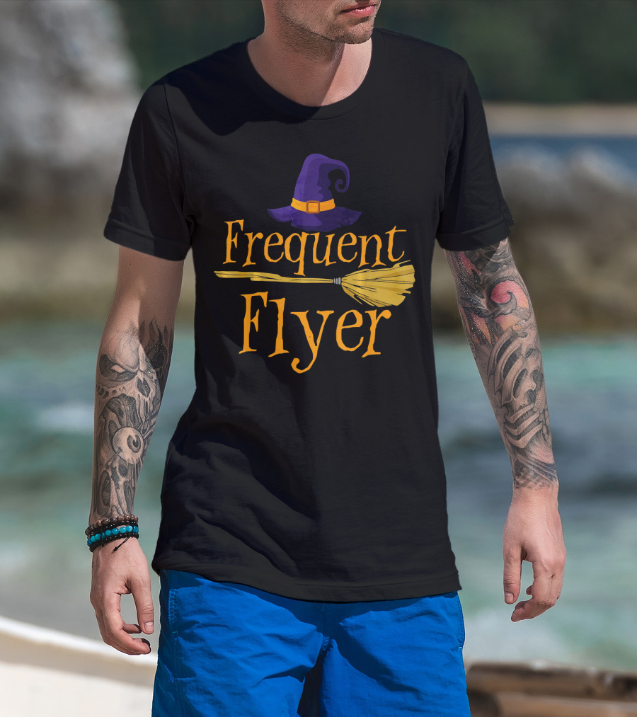 Frequent Flyer Witch Hat And Broom Halloween T-Shirt