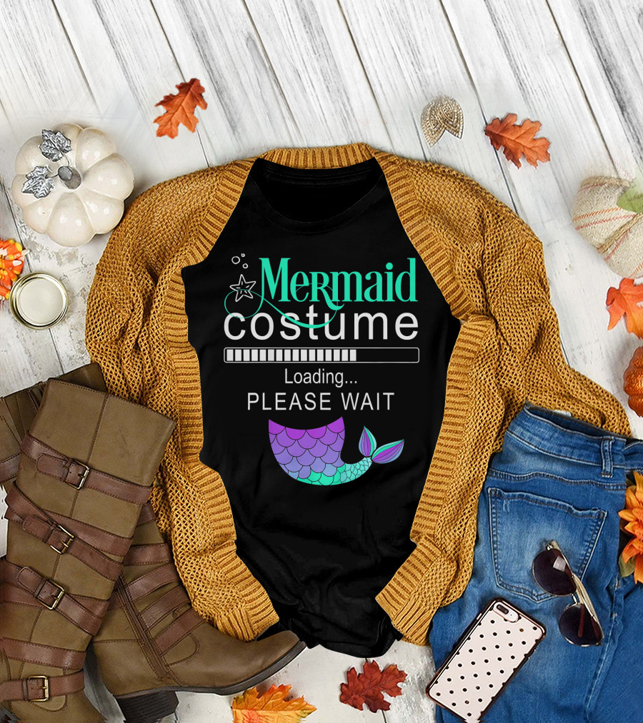 Mermaid Costume Loading Please Wait with Colorful Mermaid Tail Icon and Starfish T-Shirt
