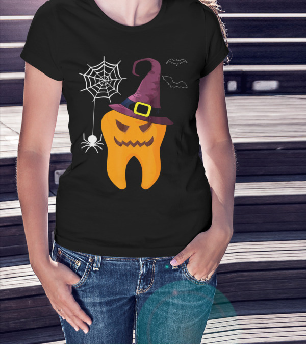 Halloween Dental Witch Dentist Tooth With Spider And Hat T-Shirt