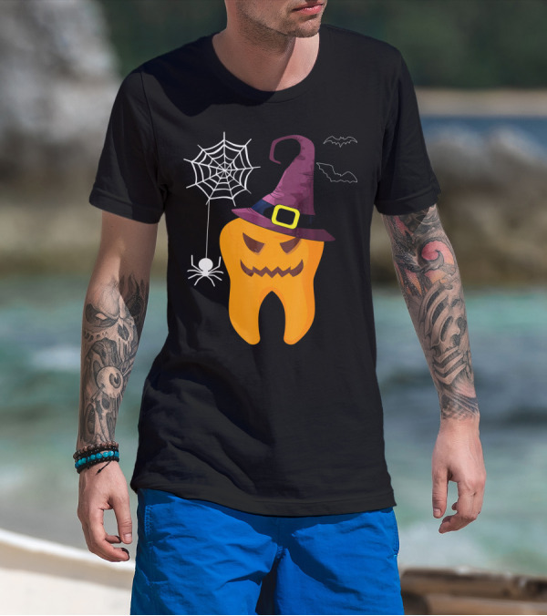 Halloween Dental Witch Dentist Tooth With Spider And Hat T-Shirt