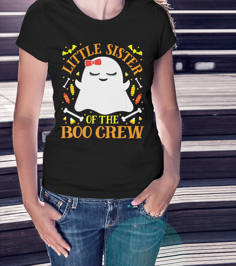 Little Sister Of The Boo Crew Ghost Halloween Candy Bats T-Shirt