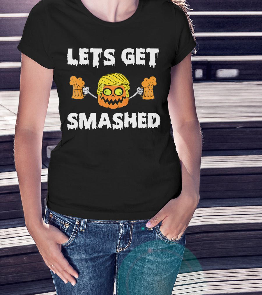Lets Get Smashed Pumpkin Holding Beer Mugs With Blonde Hair T-Shirt
