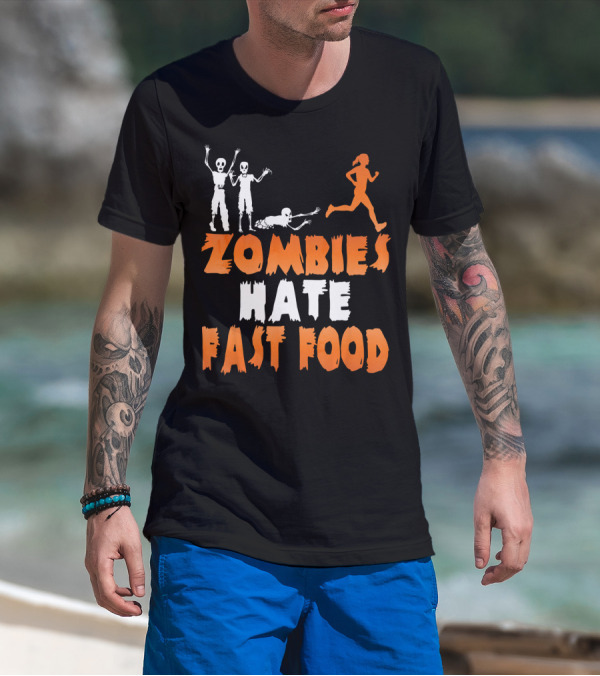 Zombies Hate Fast Food Skeletons Chasing Runner T-Shirt