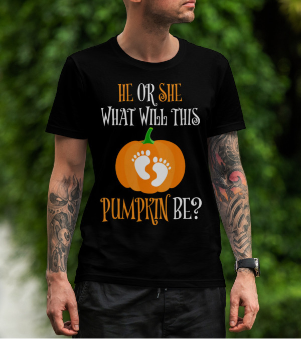 He Or She What Will This Pumpkin Be Gender Reveal Pregnancy T-Shirt