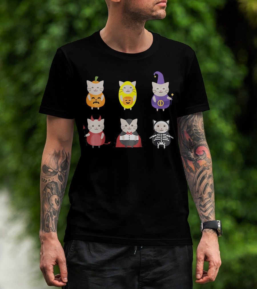 Kids Halloween Cats In Cute Pumpkin Witch And Vampire Costumes T-Shirt
