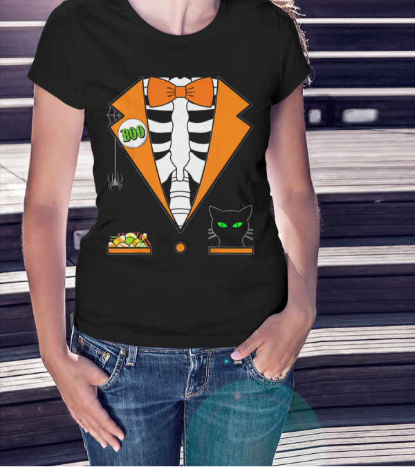 Easy Halloween Costume Orange Skeleton Tuxedo With Candy Bowl And Black Cat T-Shirt