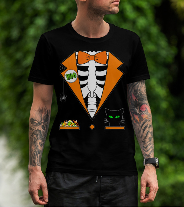 Easy Halloween Costume Orange Skeleton Tuxedo With Candy Bowl And Black Cat T-Shirt