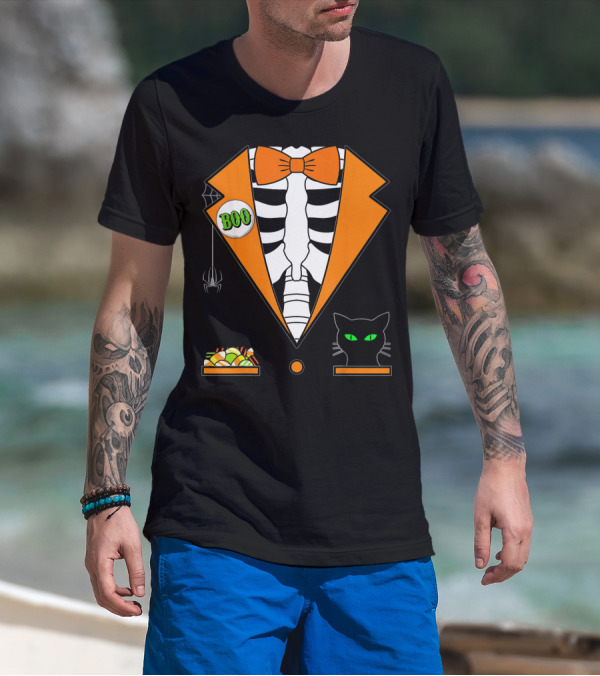 Easy Halloween Costume Orange Skeleton Tuxedo With Candy Bowl And Black Cat T-Shirt