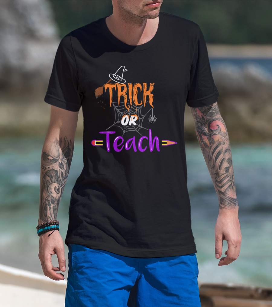 Trick Or Teach Funny Halloween Spider Witch Hat Pencil T-Shirt