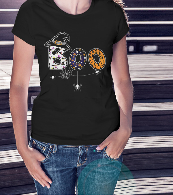 Boo Halloween Witch Hat Spider Web Letters T-Shirt