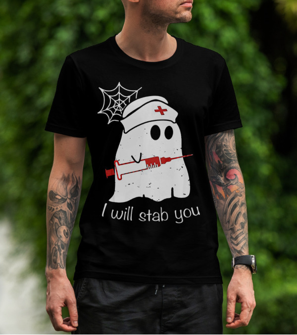 I Will Stab You Ghost Nurse Fun Halloween Syringe Spider Web T-Shirt