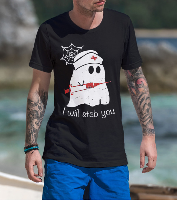 I Will Stab You Ghost Nurse Fun Halloween Syringe Spider Web T-Shirt