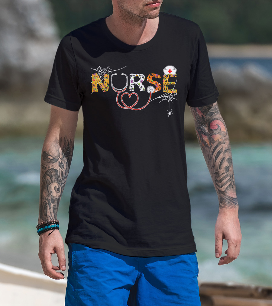 Halloween Nurse With Stethoscope And Spiderwebs T-Shirt