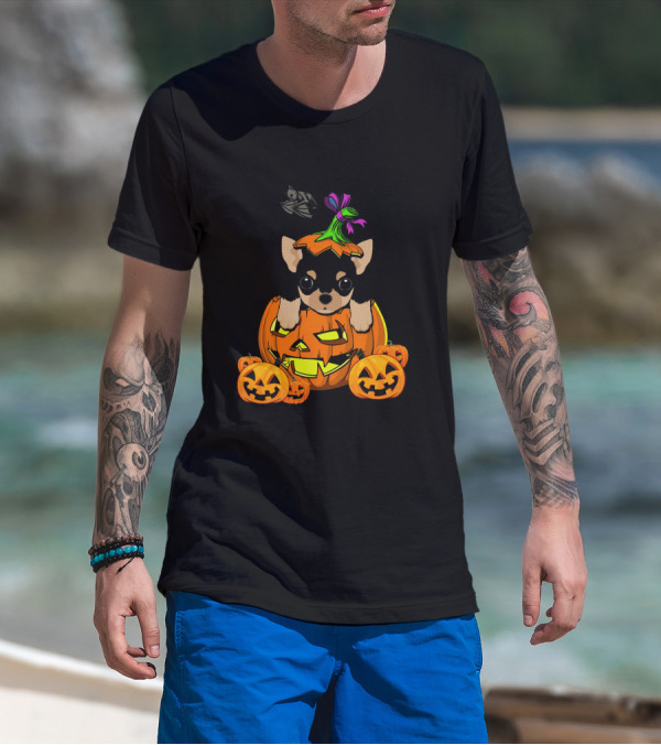 Happy Halloween Funny Chihuahua Jack-O'-Lantern Pumpkin With Bats T-Shirt