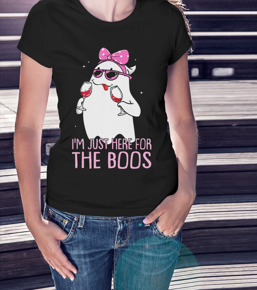 I'm Just Here For The Boos Wine Lover Ghost With Bow And Sunglasses T-Shirt