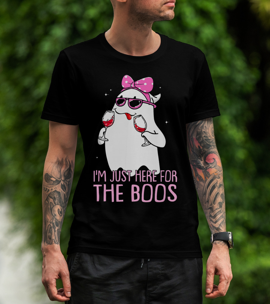 I'm Just Here For The Boos Wine Lover Ghost With Bow And Sunglasses T-Shirt