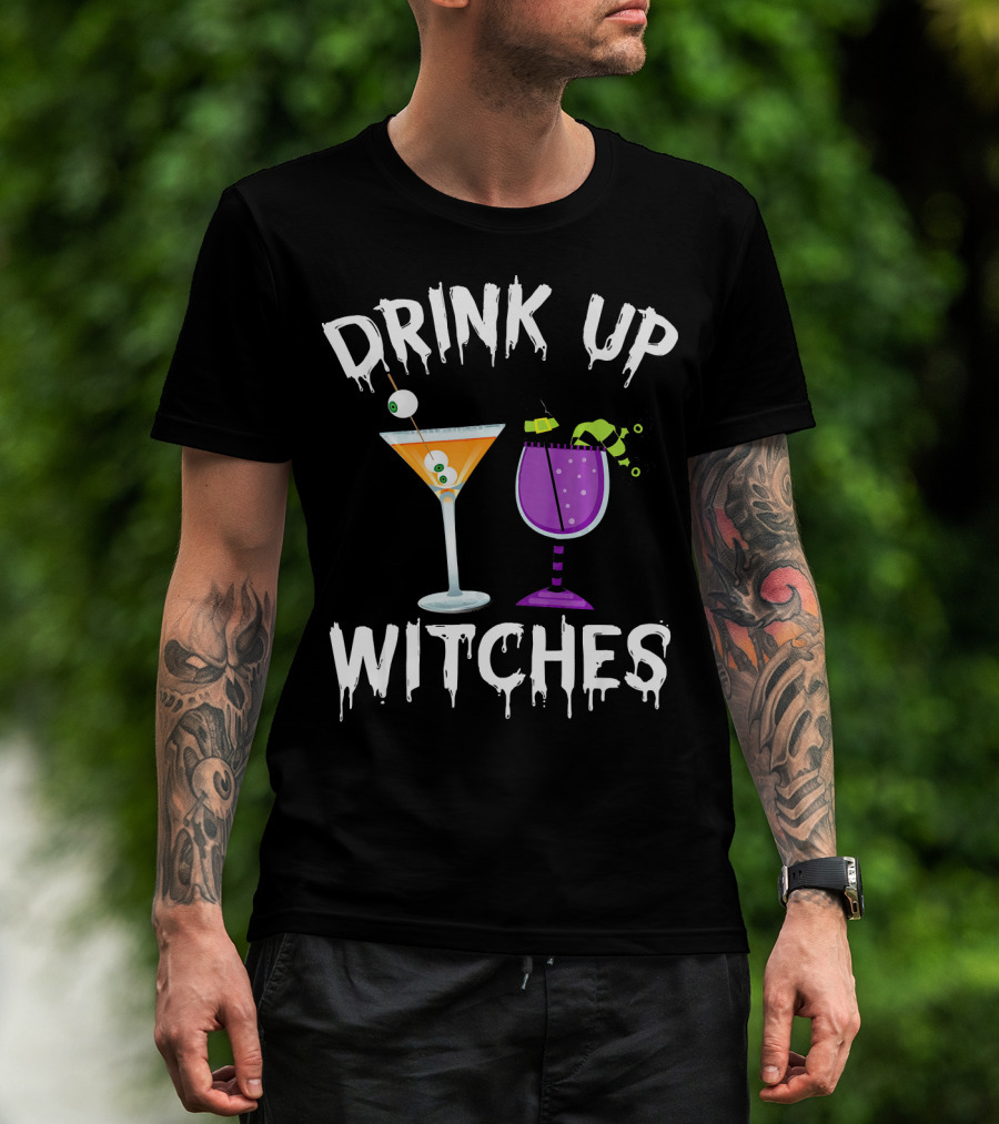 Drink Up Witches Funny Halloween Pun Cocktail Eyeball And Broomstick Drinks T-Shirt