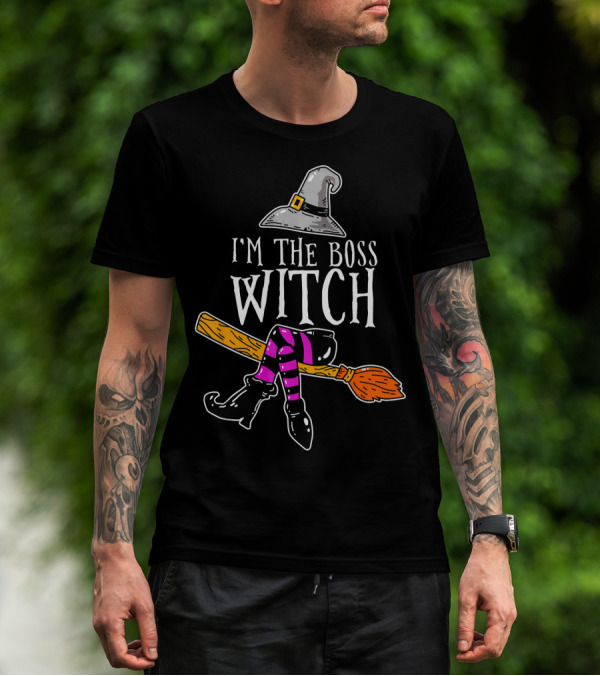 I'm The Boss Witch Funny Halloween Hat Broomstick Boots Striped Socks T-Shirt