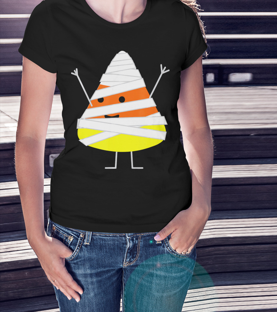Mummy Wrapped Cartoon Candy Corn Halloween T-Shirt