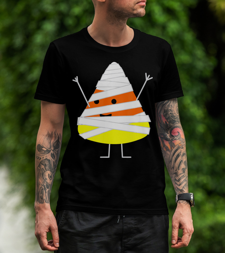 Mummy Wrapped Cartoon Candy Corn Halloween T-Shirt