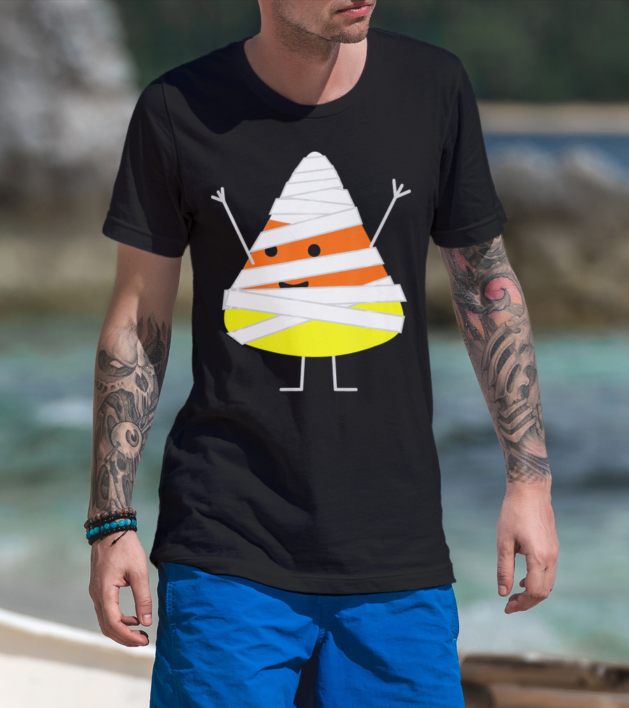 Mummy Wrapped Cartoon Candy Corn Halloween T-Shirt