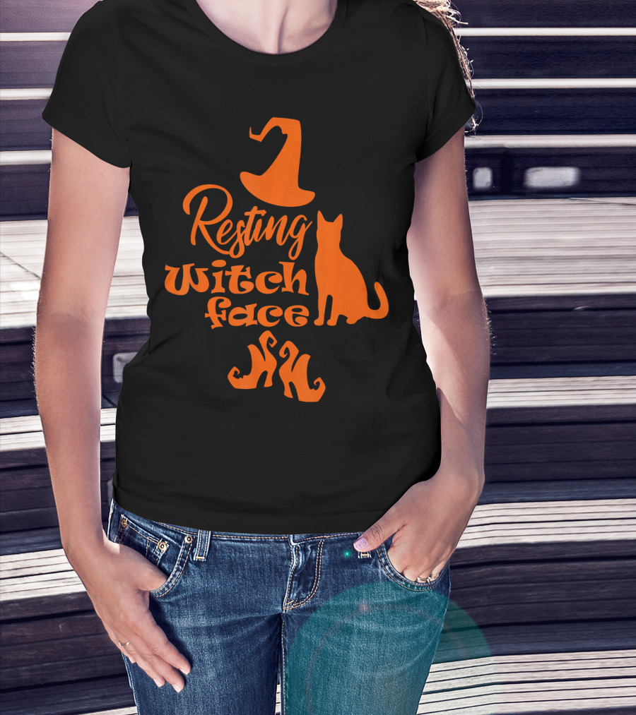 Resting Witch Face Halloween Cat Witch Hat Shoes T-Shirt
