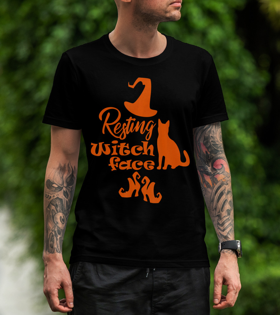 Resting Witch Face Halloween Cat Witch Hat Shoes T-Shirt