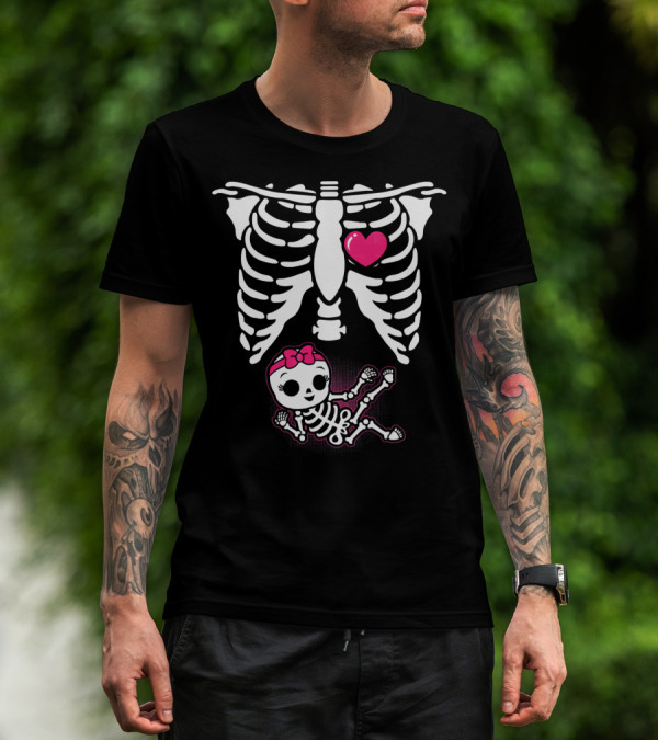 Halloween Skeleton Pregnancy Ribcage With Baby Girl And Heart T-Shirt