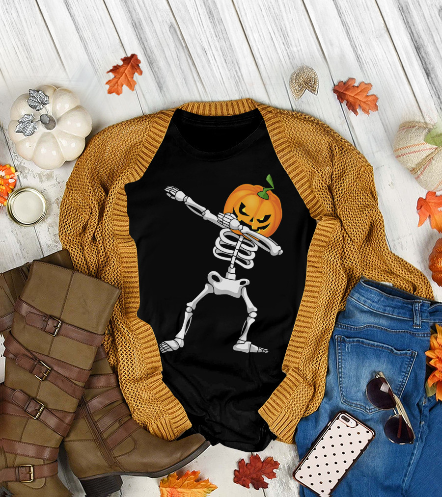 Halloween Pumpkin Skeleton Dabbing Kids T-Shirt