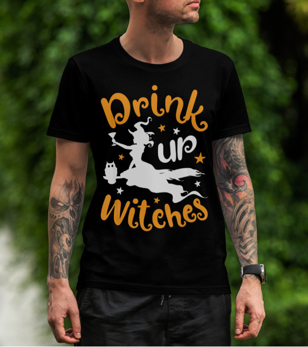 Drink Up Witches Halloween Witch Silhouette With Owl And Stars T-Shirt