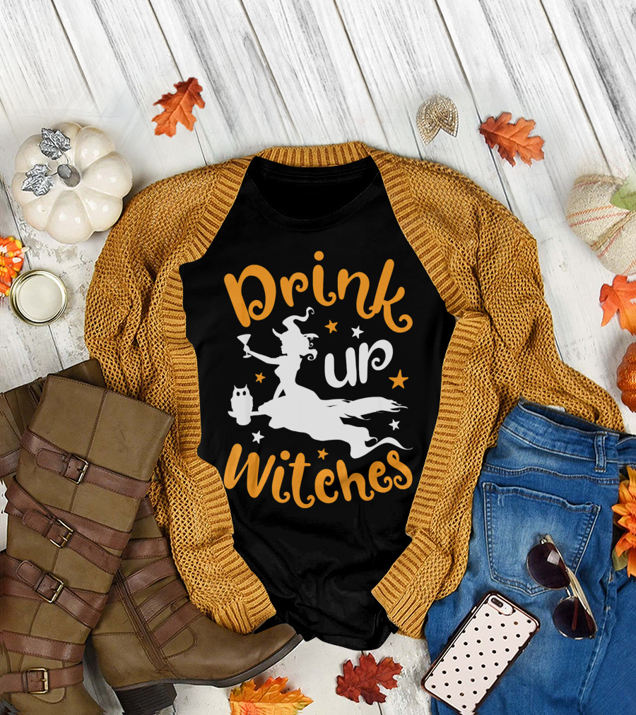 Drink Up Witches Halloween Witch Silhouette with Owl and Stars T-Shirt