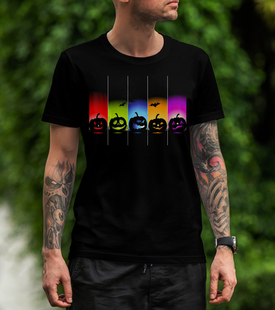 Rainbow Halloween Pumpkins With Colorful Backgrounds And Bats T-Shirt