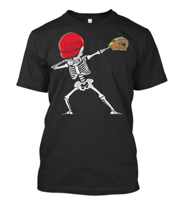 Skeleton Dabbing With Red Cap And Baseball Glove T-Shirt