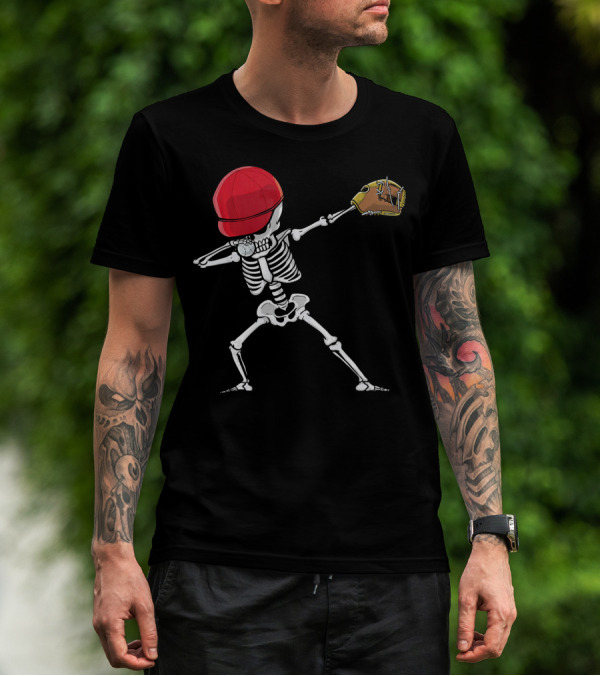 Skeleton Dabbing With Red Cap And Baseball Glove T-Shirt