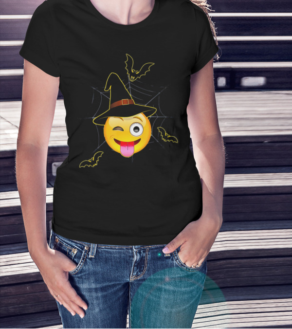 Funny Halloween Witch Emoji Winking Face With Bats And Spider Web T-Shirt