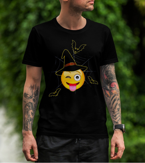Funny Halloween Witch Emoji Winking Face With Bats And Spider Web T-Shirt