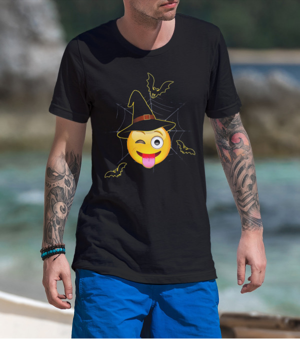 Funny Halloween Witch Emoji Winking Face With Bats And Spider Web T-Shirt