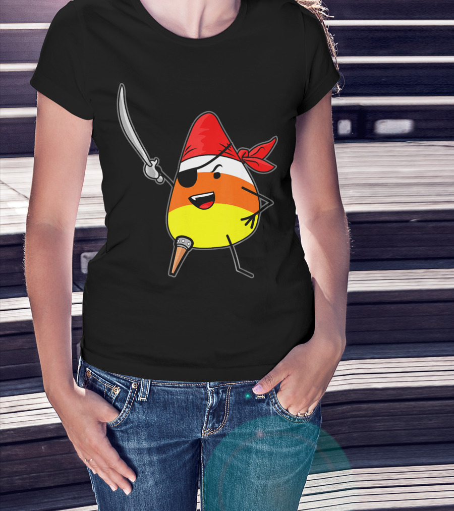 Candy Corn Pirate With Jolly Roger Sword Halloween T-Shirt