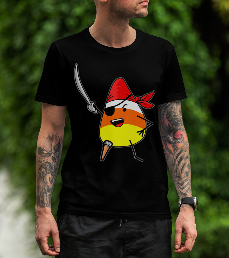 Candy Corn Pirate With Jolly Roger Sword Halloween T-Shirt
