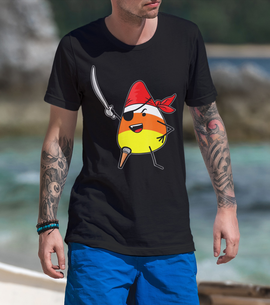Candy Corn Pirate With Jolly Roger Sword Halloween T-Shirt