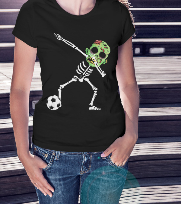 Dabbing Skeleton Soccer Zombie With Green Head T-Shirt